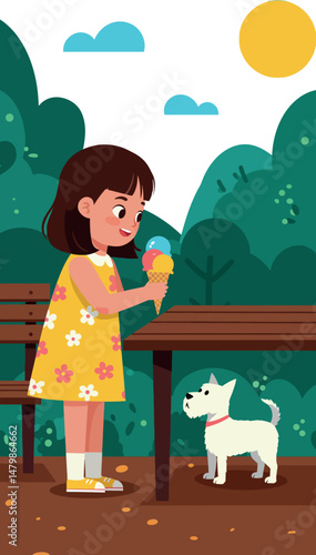 Girl in yellow dress enjoying ice cream with white dog in sunny park vector illustration 