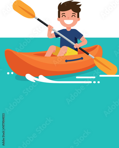 Boy kayaking on turquoise water in orange kayak with yellow paddle illustration 