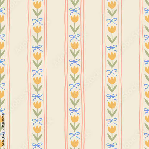 Regency striped seamless floral pattern with bows and tulips. Hand drawn print in a cute, pastel, vintage coquette aesthetic, perfect for fabric, wallpaper, wrapping and romantic cottage core designs.