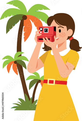 Woman in yellow dress taking photo with camera near palm trees summer outdoor scene 