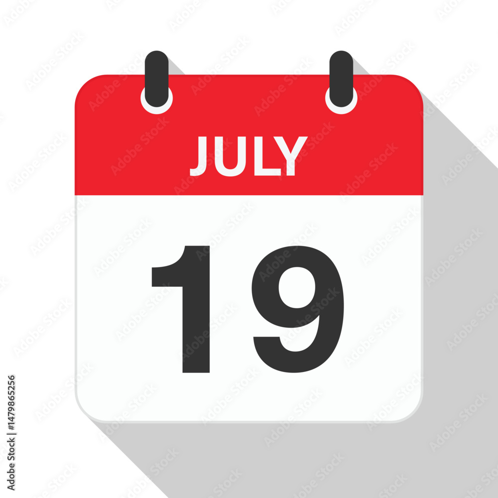 Fototapeta premium July 19 Daily Calendar. Red Theme on White Background