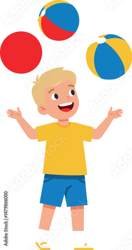 Boy juggling colorful red and blue yellow beach balls happy playtime vector illustration 