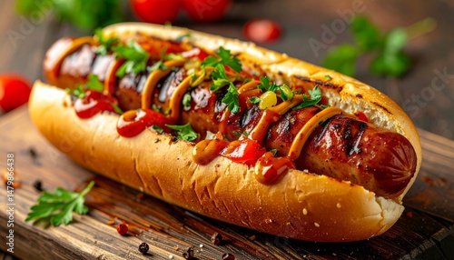 hotdog with juicy grilled sausage with simple garnish set up at studio photo background