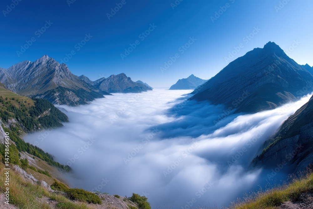 Obraz premium A stunning mountain valley filled with clouds under a clear blue sky.