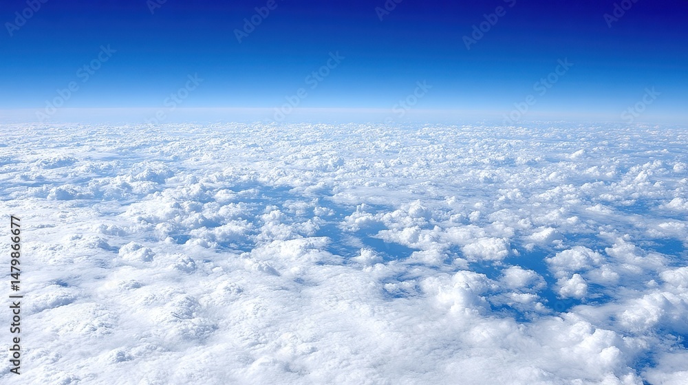 Naklejka premium A vast expanse of fluffy white clouds seen from above with a deep blue sky stretching into the horizon.