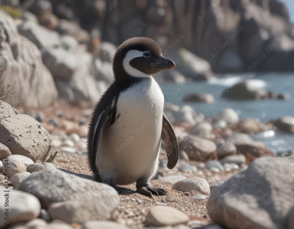 Fototapeta premium Humboldt penguin chick amongst rocks near the ocean, young, bird