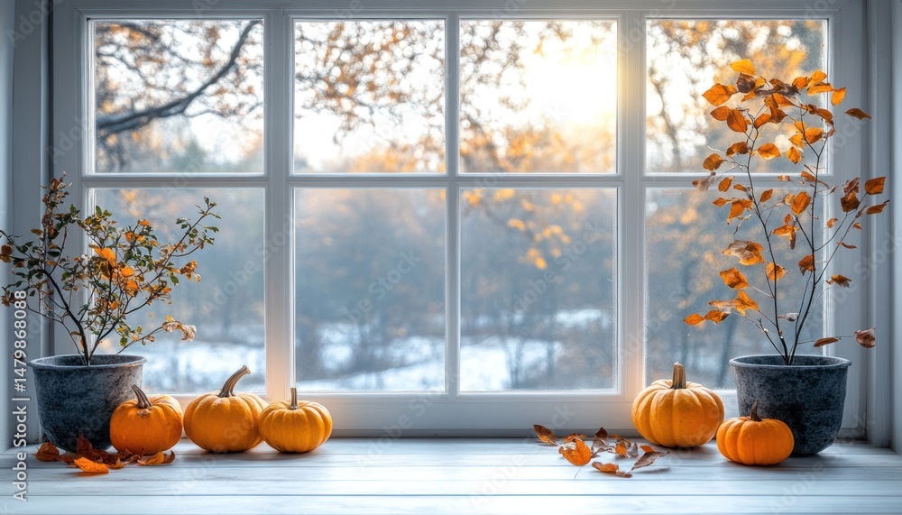 Obraz premium Autumn window view with pumpkins and fall decor