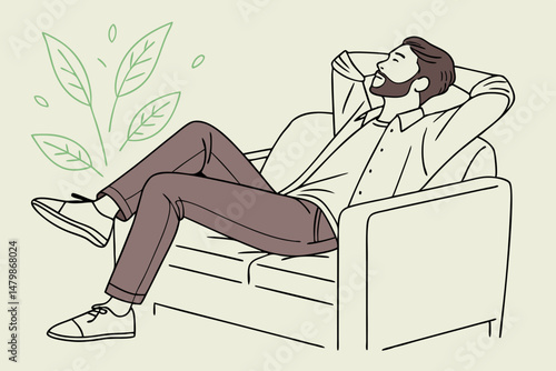 Sketch style doodle of Serene relaxed young bearded man lounge on sofa feels comfortable. Calm guy leaning on couch in living room looking away, dreaming, no stress free, peace of mind concept, breath