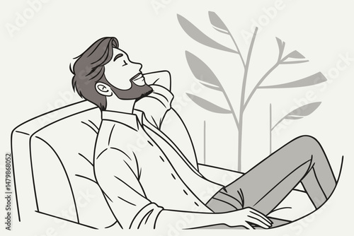 Sketch style doodle of Serene relaxed young bearded man lounge on sofa feels comfortable. Calm guy leaning on couch in living room looking away, dreaming, no stress free, peace of mind concept, breath
