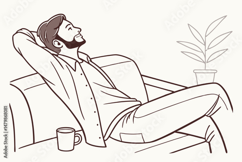 Sketch style doodle of Serene relaxed young bearded man lounge on sofa feels comfortable. Calm guy leaning on couch in living room looking away, dreaming, no stress free, peace of mind concept, breath