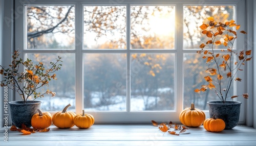 Autumn window view with pumpkins and fall decor