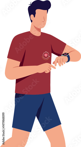 Man running checking smartwatch fitness activity health tracking vector illustration 