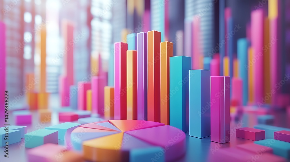 Obraz premium Colorful 3D charts and graphs on a digital interface, representing data analysis