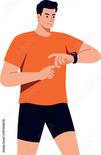 Man in orange shirt checking smartwatch fitness tracker technology vector illustration 