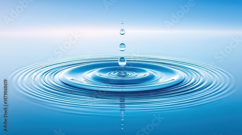 A water droplet falls into a calm blue surface, creating concentric ripples and a serene, reflective atmosphere.