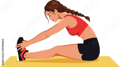 Woman stretching on yellow mat in red top and black shorts fitness vector illustration 