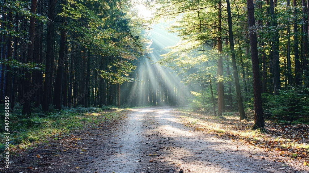 Obraz premium Sunlight streams through a tranquil forest path.