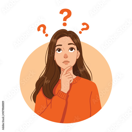 Thoughtful Woman with Question Marks Vector Illustration