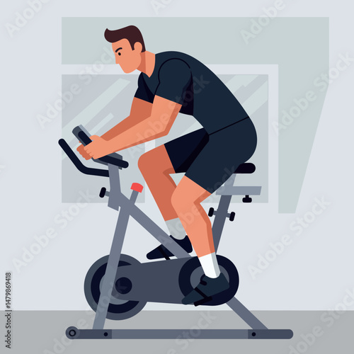 Man Exercising on Stationary Bike Indoor Fitness Workout Activity Vector Illustration 