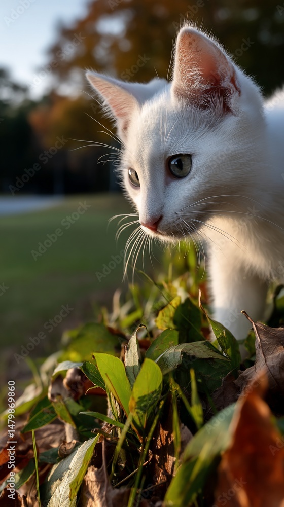 Obraz premium White kitten exploring autumn leaves