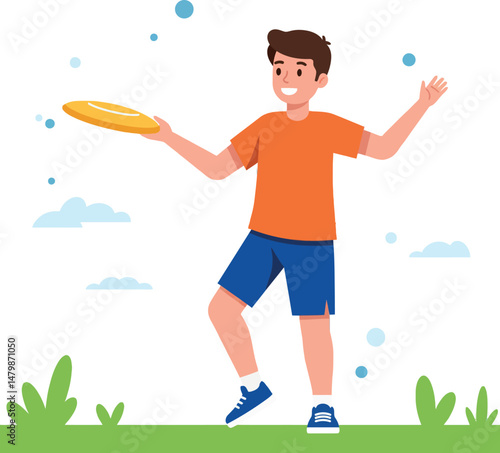 Boy playing with yellow frisbee outdoors on grass in casual orange and blue outfit vector illustration 