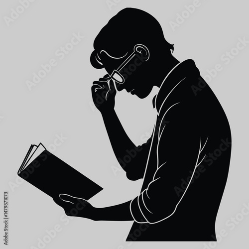 a person adjusting their glasses while reading a book silhouette vector design art and illustration