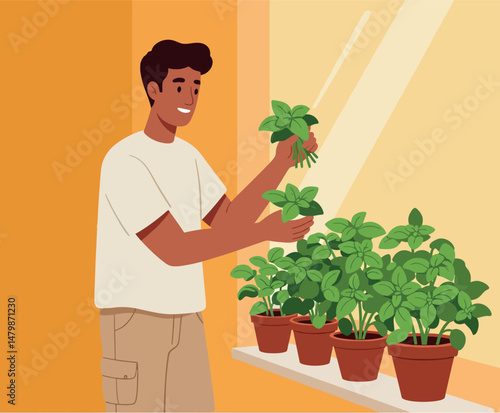 Man Caring for Indoor Potted Plants by Window in Warm Interior Space 
