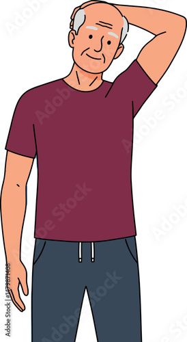 Elderly man in casual clothes scratching head vector illustration natural pose 