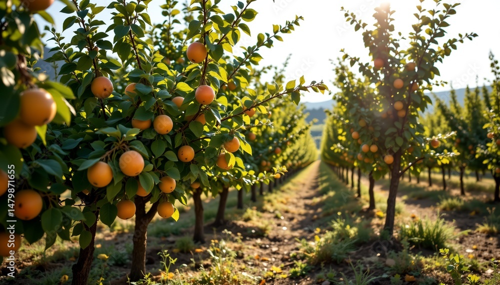 Fototapeta premium seasonal fruit trees at harvest time, subject on right under noon sunlight, abundant produce, clear copy space on left.