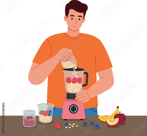 Man making healthy fruit smoothie with blender and fresh ingredients vector illustration 
