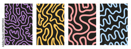 Twisted lines, fluid, curved, wiggling stripes waves on black backgrounds set. Liquid, chaotic Retro trippy hippie wavy. Doodle, uneven hand drawn waves