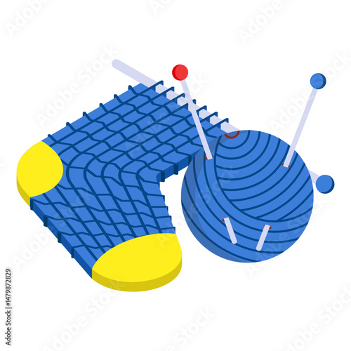 Knitting by Hand  isometric Concept, Thread and Spool with Needles Vector Color Icon Design, Hobby Symbol, Leisure time Activity Sign, Hobbyists and Handicraft Stock Illustration