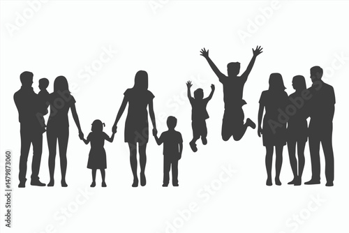 Silhouette of Happy Families with Children Playing