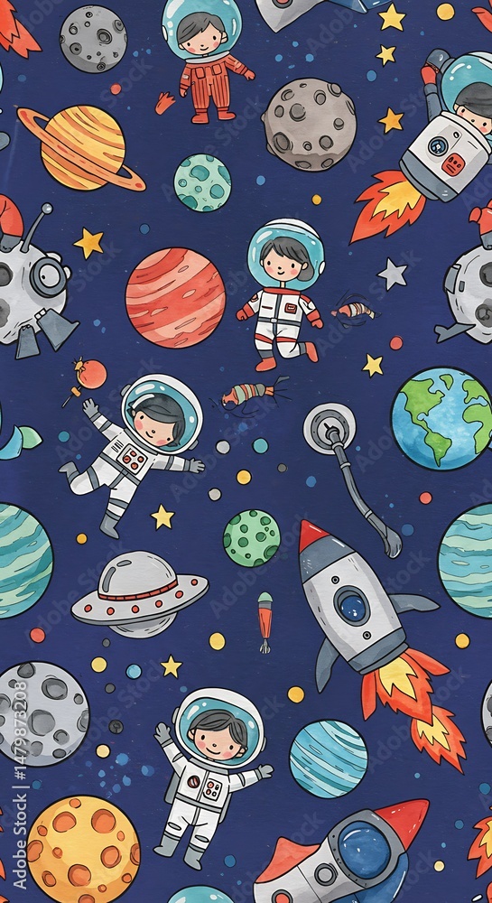 Naklejka premium Cosmic Kids: A Whimsical Space Adventure