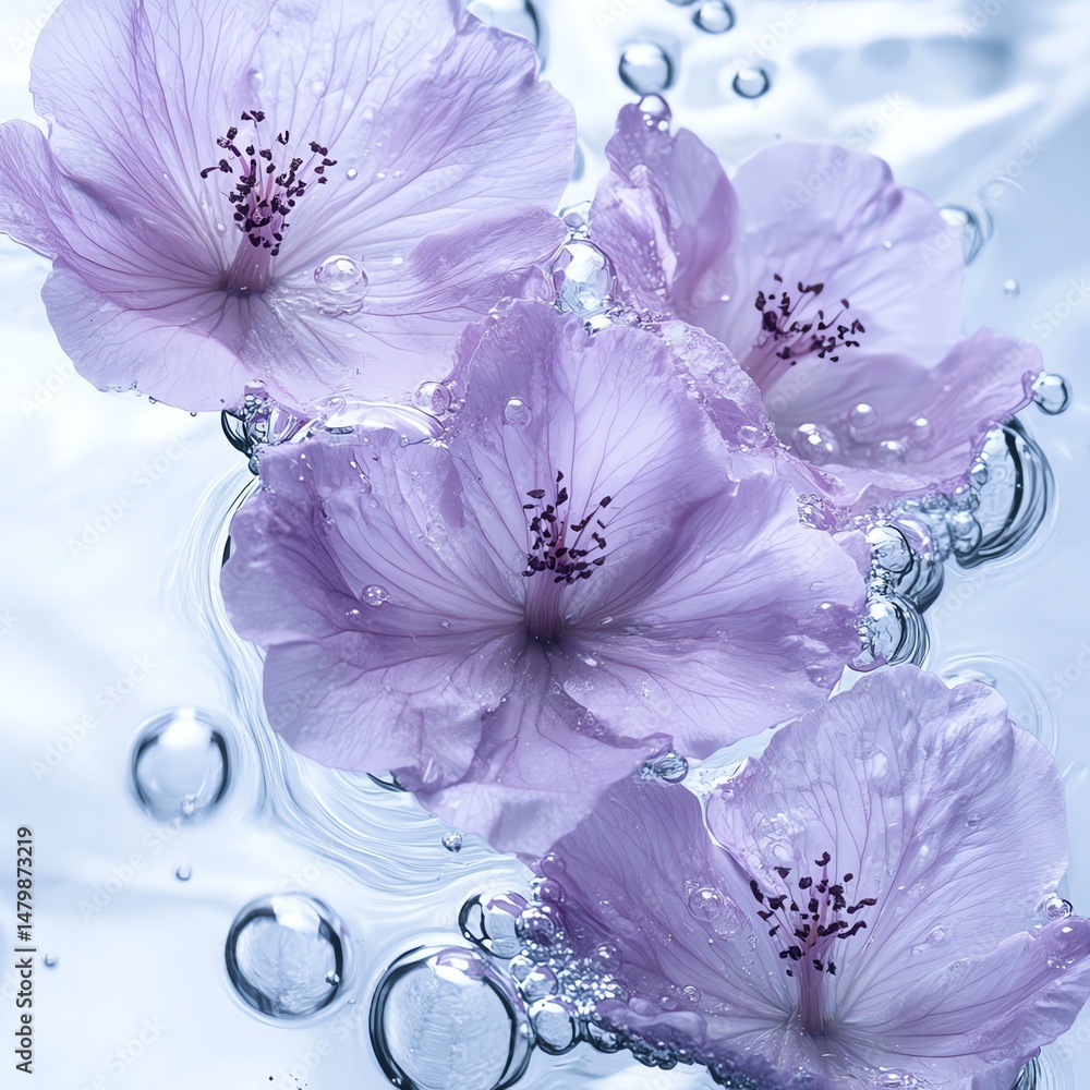 Delicate purple flowers floating in water with bubbles high resolution for isolate image