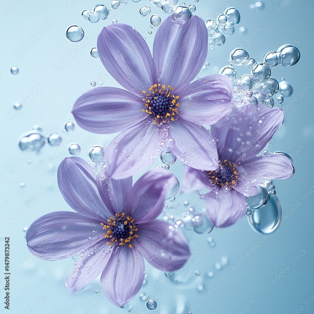 Delicate purple flowers floating in water with bubbles high resolution for isolate image