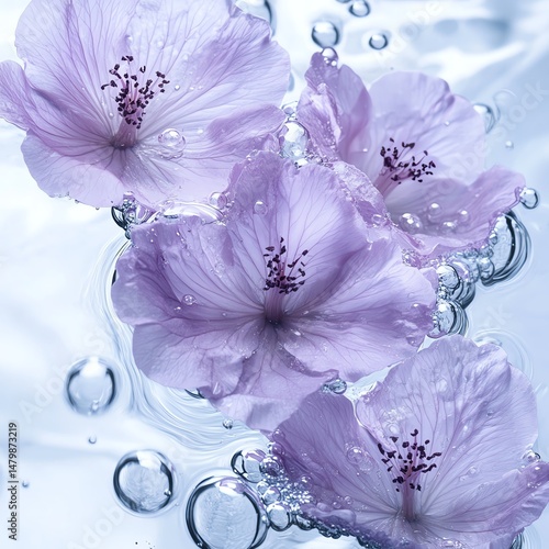 Obraz na płótnie Delicate purple flowers floating in water with bubbles high resolution for isolate image w salonie