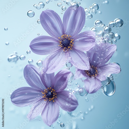 Obraz na płótnie Delicate purple flowers floating in water with bubbles high resolution for isolate image w salonie