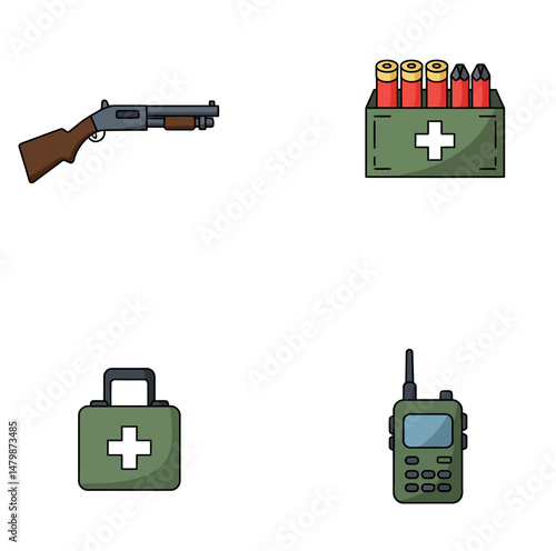 Shotgun medical kit radio communication ammunition vector illustration set 