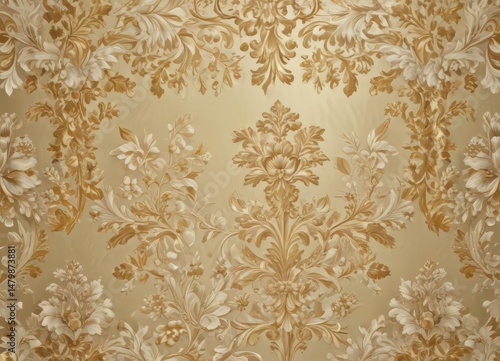 Intricate floral damask, textured gold & ivory, flower, tapestry, texture