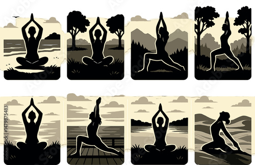 Outdoor yoga silhouettes icons set – simple, nature, wellness symbols