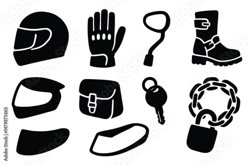 Motorcycle gear icons set – silhouette, protective equipment and riding essentials