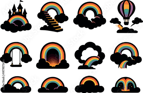 Rainbow fantasy icons set – silhouette, magical and whimsical design elements