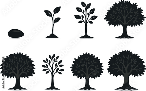 Tree growth silhouette icons set – simple, nature and environment symbols