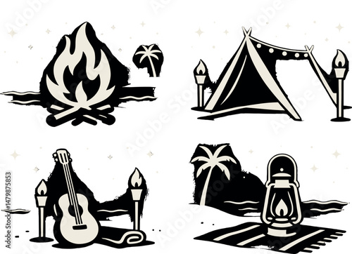 Beach bonfire icons set – silhouette, campfire and outdoor adventure symbols
