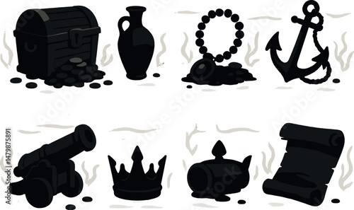 Sunken treasure silhouette icons set – maritime, pirate and ocean-themed symbols