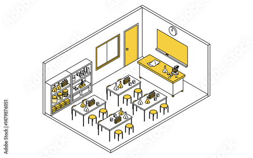 理科の実験用具が並ぶ学校の理科室のシンプルでかわいいアイソメトリック線画イラスト