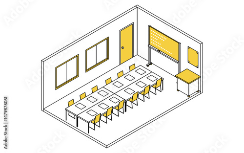 ホワイトボードと会議机が並ぶ学校の会議室のシンプルでかわいいアイソメトリック線画イラスト