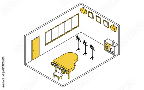 グランドピアノと譜面台の置かれた学校の音楽室のシンプルでかわいいアイソメトリック線画イラスト