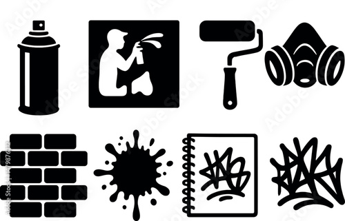 Graffiti tools icons set – silhouette, urban art and spray painting symbols